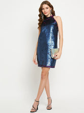 Polyester Cobalt Blue Sequin Halter Dress